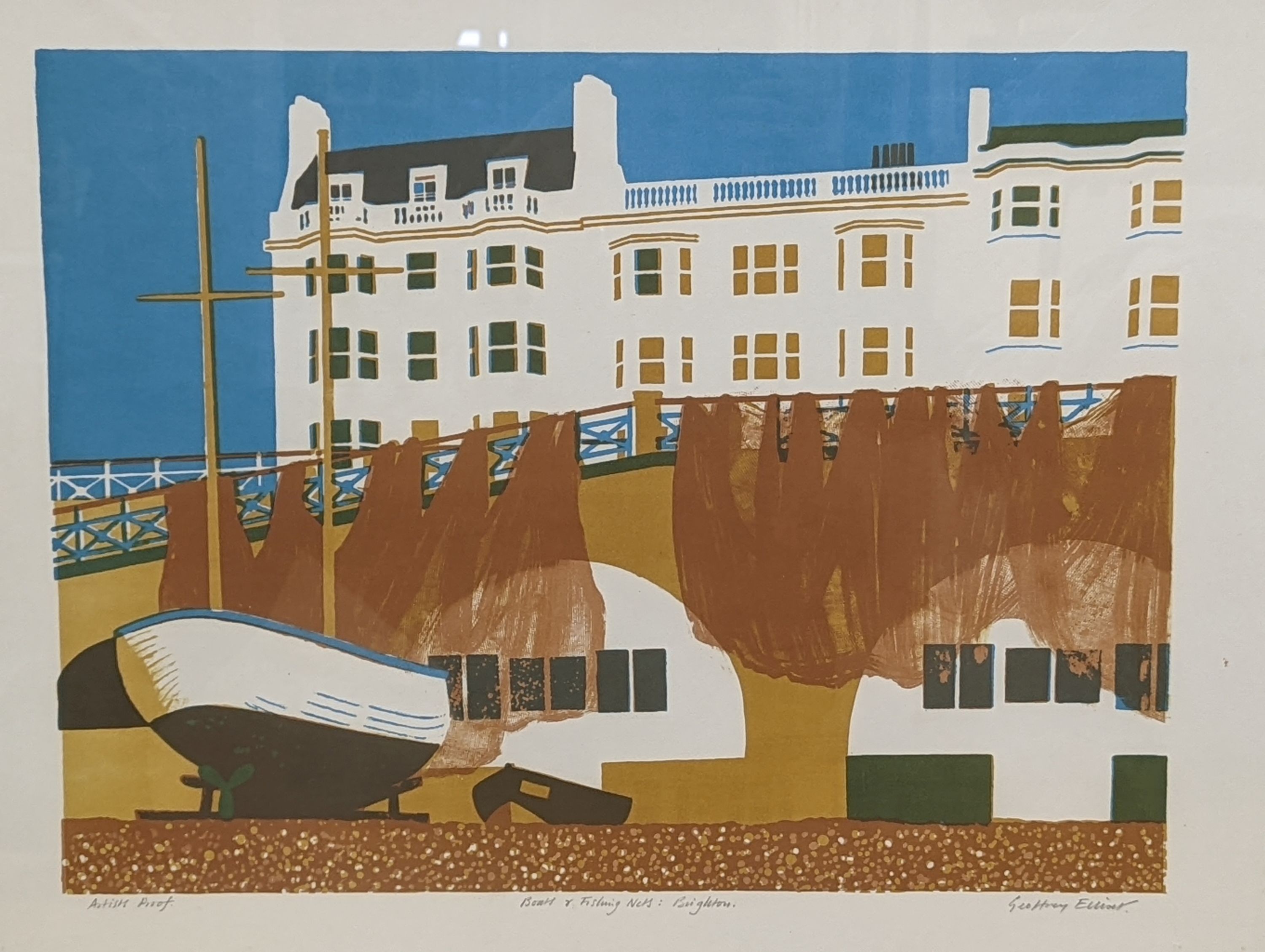 Geoffrey Elliott (1935-), artist proof print, 'Boats and fishing nets, Brighton', signed in pencil, 57 x 70cm